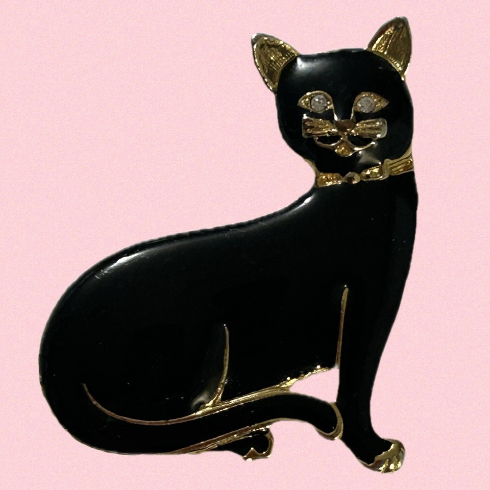 Black Enamel Cat Brooch Rhinestone Eyes